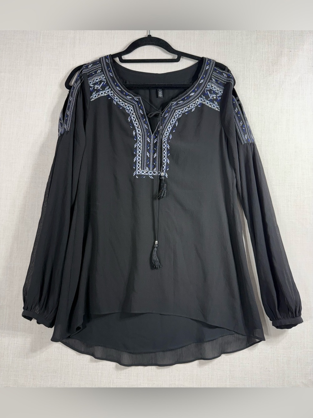 White House Black Market Black Peasant Blouse with Blue Embroidery